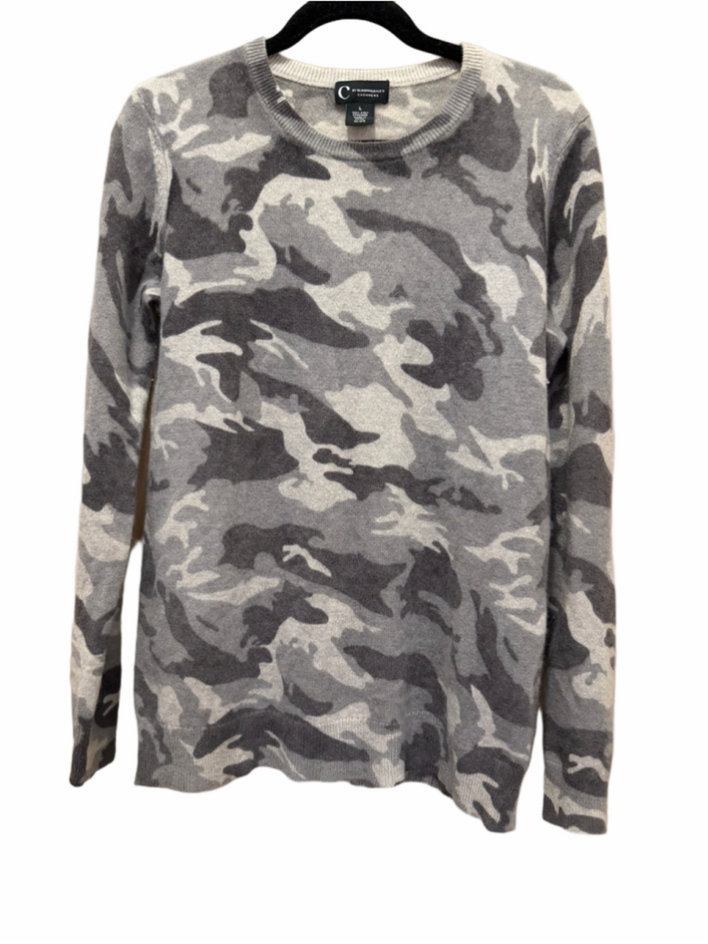 Women's C by Bloomingdale's Cashmere Sweater Large Grey Camo Crew Neck